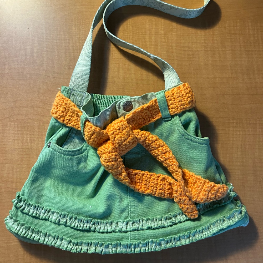 Green Jean and orange crochet belted tote bag